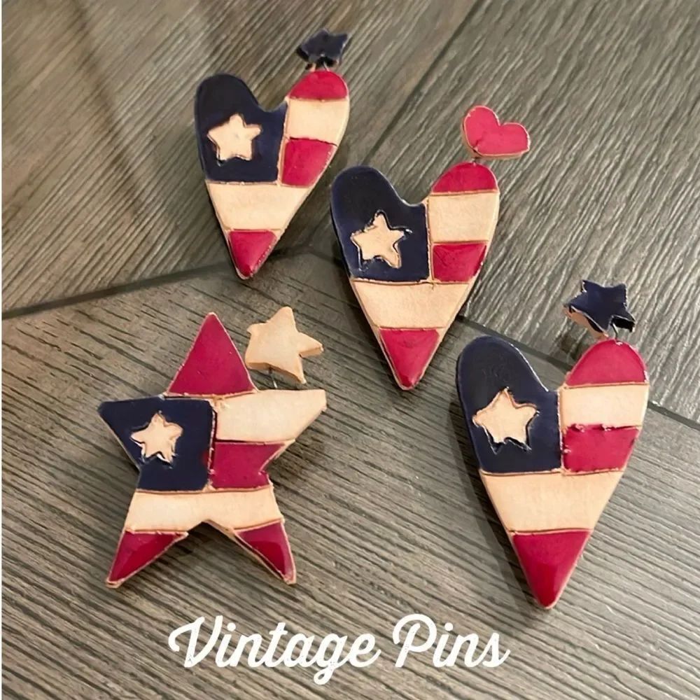 Vintage Hearts & Star Flag Pins, Red, White & Blue